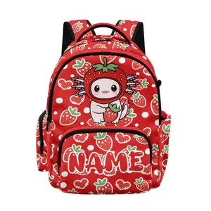 Personalised Axolotl Backpack for Kids Cute Strawberry School Bag Custom Name Lightweight Rucksack Large Capacity Multi Pocket Boys Girls Back to School Gift Nursery Travel Bag Durable Zipper Daypack Kawaii Style