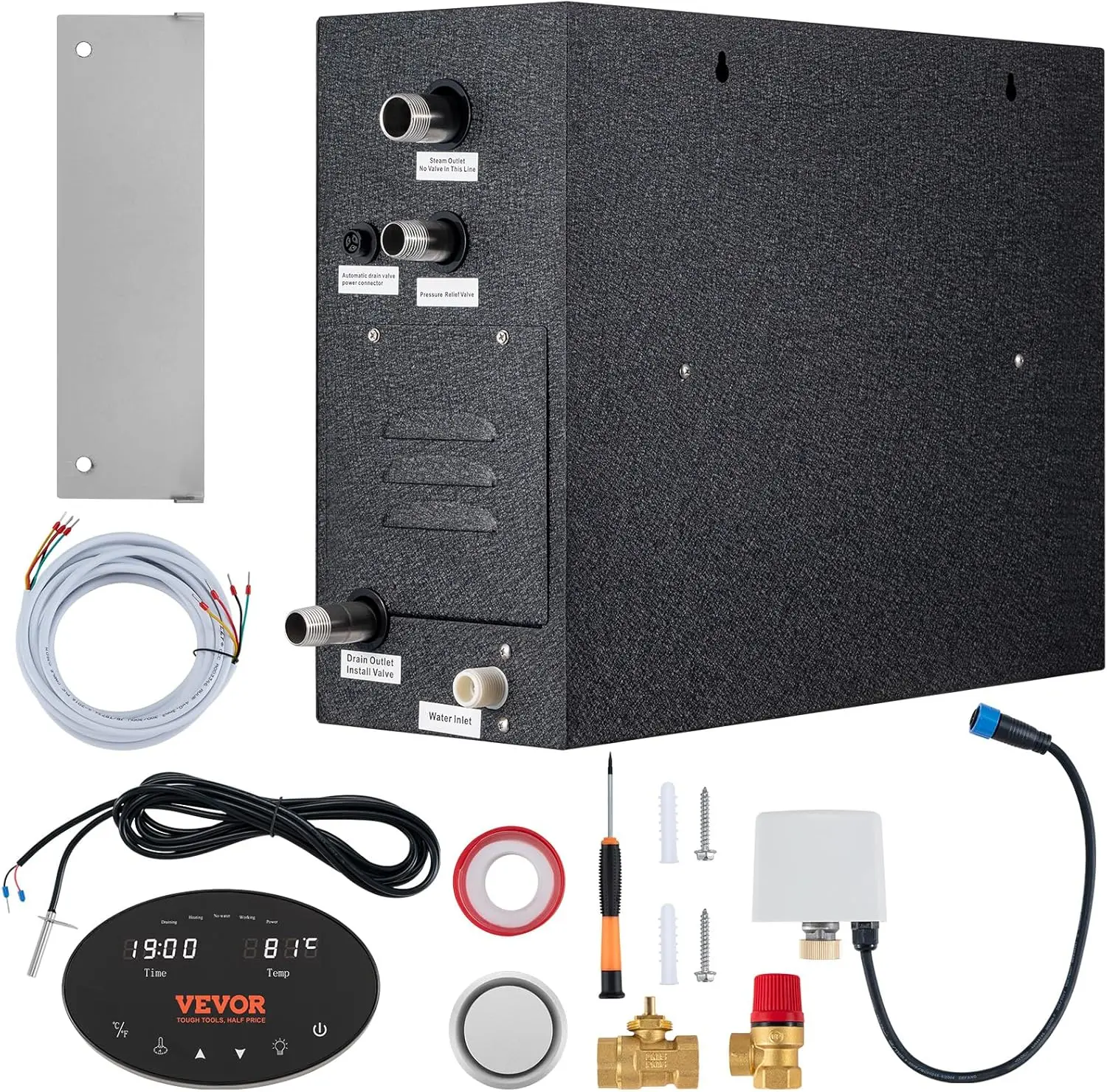 VEVOR Steam Shower Generator, 10.5 kW, Segmented Heating & Temperature Customization & 24h Timer Steam Bath Kit, Automatic Drainage Luxury Home Steam Shower System