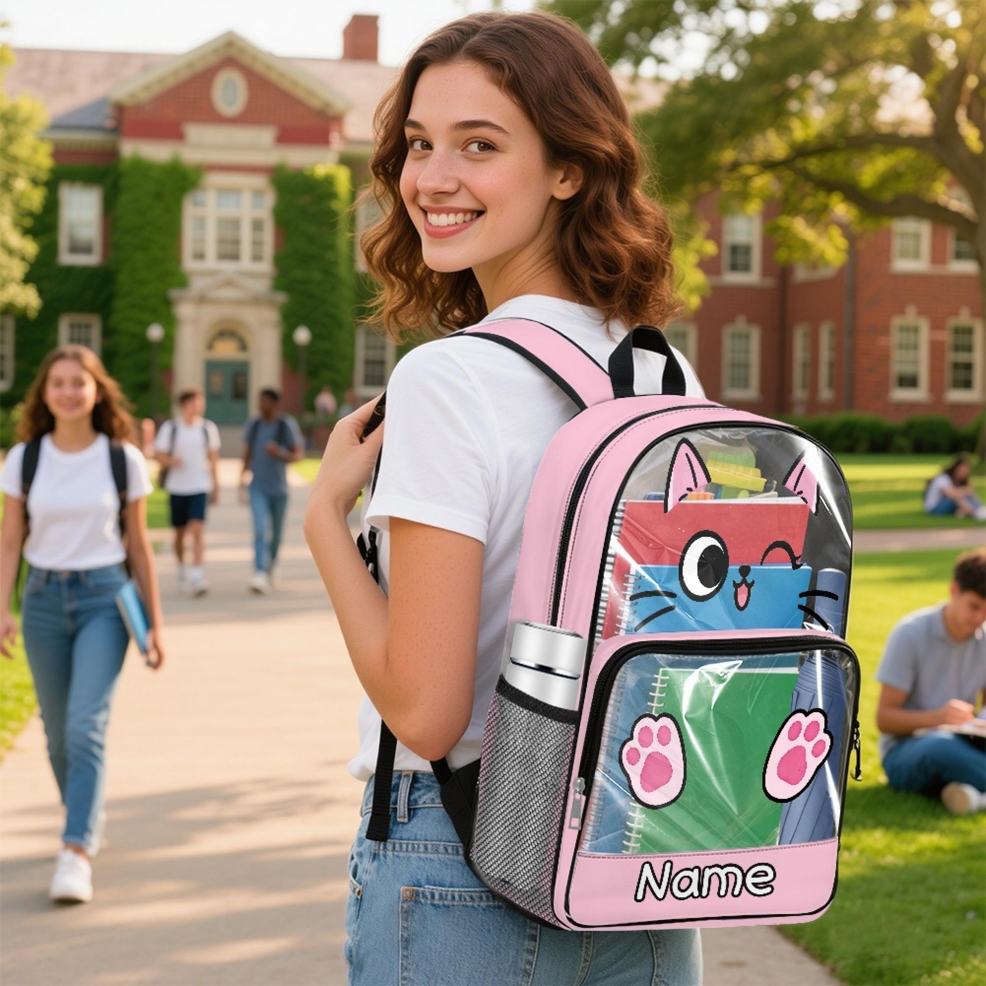Personalised Cute Cat Backpack Custom Name Pink School Bag for Girls Transparent PVC Rucksack Winking Kitten Print Kids Clear Bookbag Large Capacity Waterproof PE Kit Bag Back to School Gift for Daughter Nursery Essentials Lightweight Daypack
