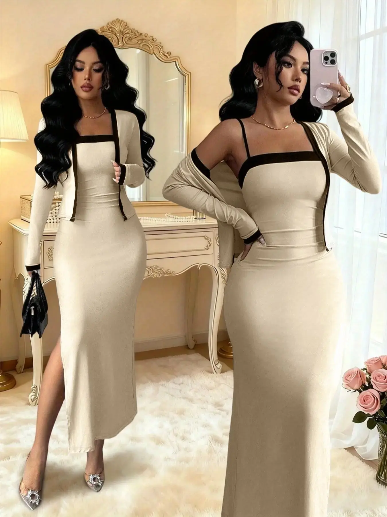 Women's 2-Piece Fall/Winter Lady Fashion Casual Chic Dress Casual Wear Comfortable Fit Colorblock Knit Long Sleeve Cardigan and Halter Neck Split Dress Set, Thin Transparent, All Seasons