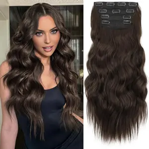 Wireless wearable,16/20/24 Inch Invisible Thread Synthetic Hair Extensions Size 4 Safety Clips Four Piece Set Long Wavy Wigs for Women Black Heat Resistant Up to 180°C crimped wigs extensiones largas