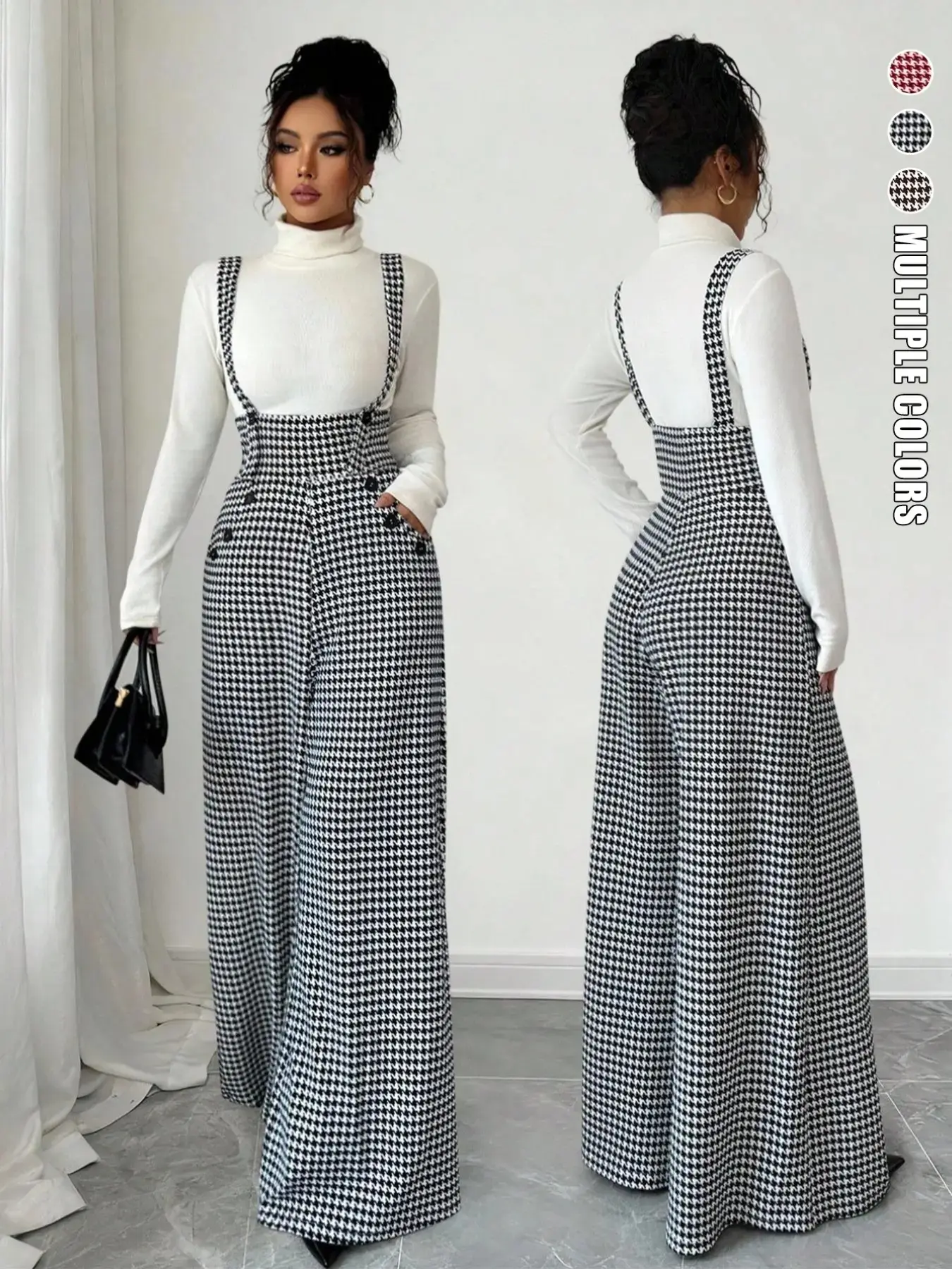 Women's Knitted Houndstooth Print Flowy Wide Leg Jumpsuit, Fashionable Chic Elegant Casual Sleeveless Womenswear, All Seasons