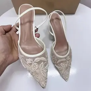 New Shoes 2025, Champagne-Colored Embroidered Mesh Pointed-Toe-Heeled Mules with Open Back And Toe Women., Women Shoes