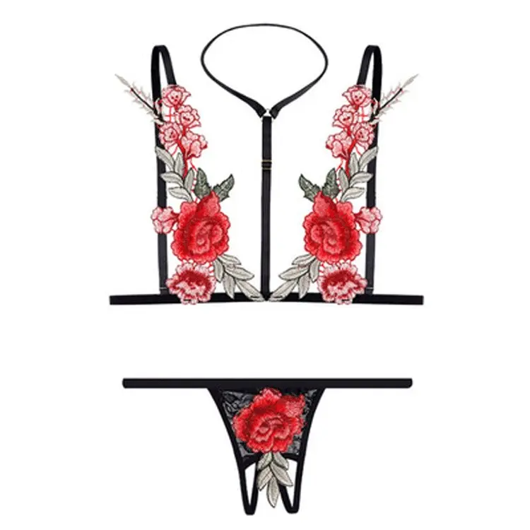Women's Rose Embroidery 3-Piece Lingerie Set - Halter Neck Strap-Adjusted Bra, Open-Crotch Shorts, Cherry Bikini, Polyester Fiber Seductive Sleepwear