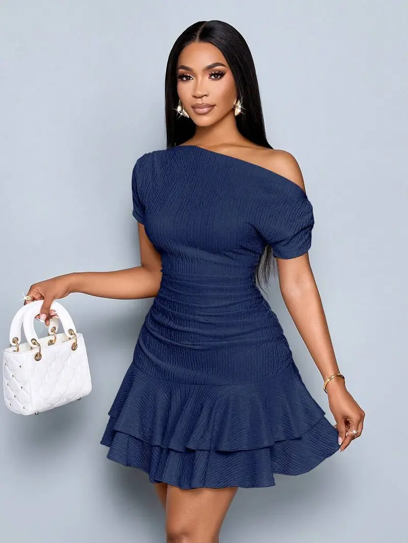 SOLERSUN Women's Elegant Party Daytime Apricot Knitted Asymmetrical Neck  Neck Long Sleeves Gathered Double Ruffle Mini Dress Fabric Formal vacation  beachwear Shortsleeve Womenswear - TikTok Shop