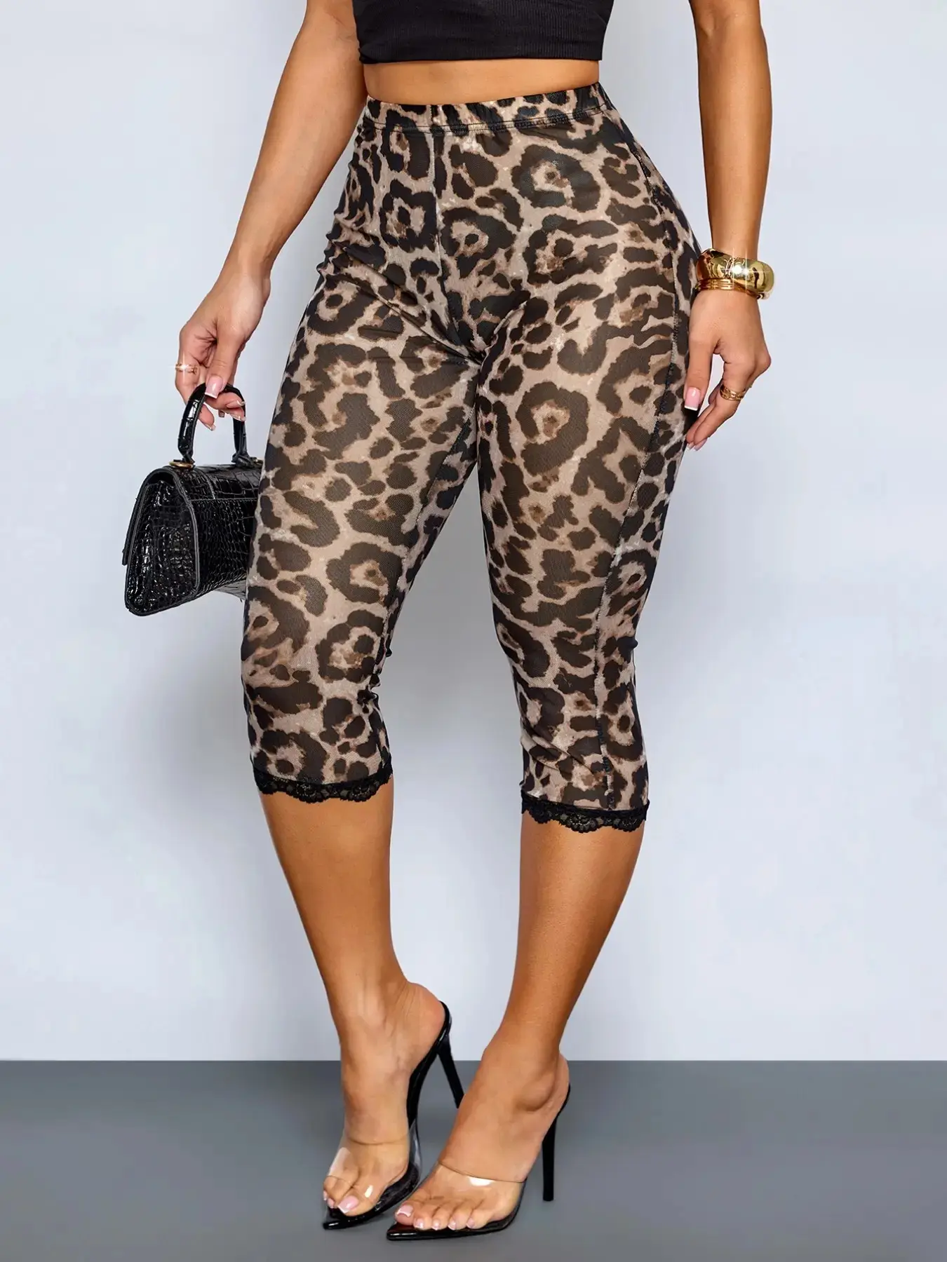 Women's Leopard Print Lace High Waist Elastic Cropped Capri Pants Casual Summer Sporty 2026