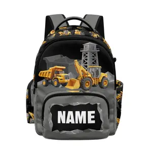 Custom Name Construction Theme Boys School Bag Digger Excavator Print Kids Rucksack Lightweight Large Capacity Nursery Backpack with Side Pockets Durable Travel Daypack for Toddlers Cool Truck Design Back to School Essentials Gift for Son