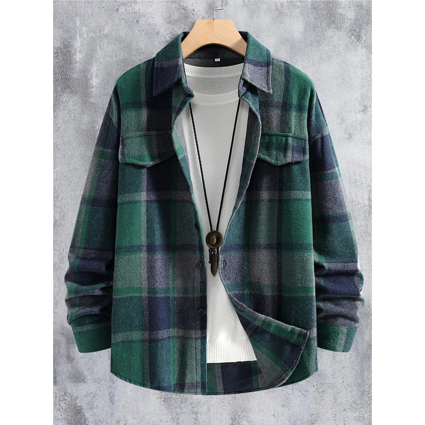Men's Plaid Shirt Jacket, Casual Long Sleeve Button-Down Top in a Loose Fit with Drop Shoulders and Stand Collar, Tops, Long Sleeves, Gingham Style, Button Closure, Menswear, Relaxation, Leisure Wear, Seasonal Versatility
