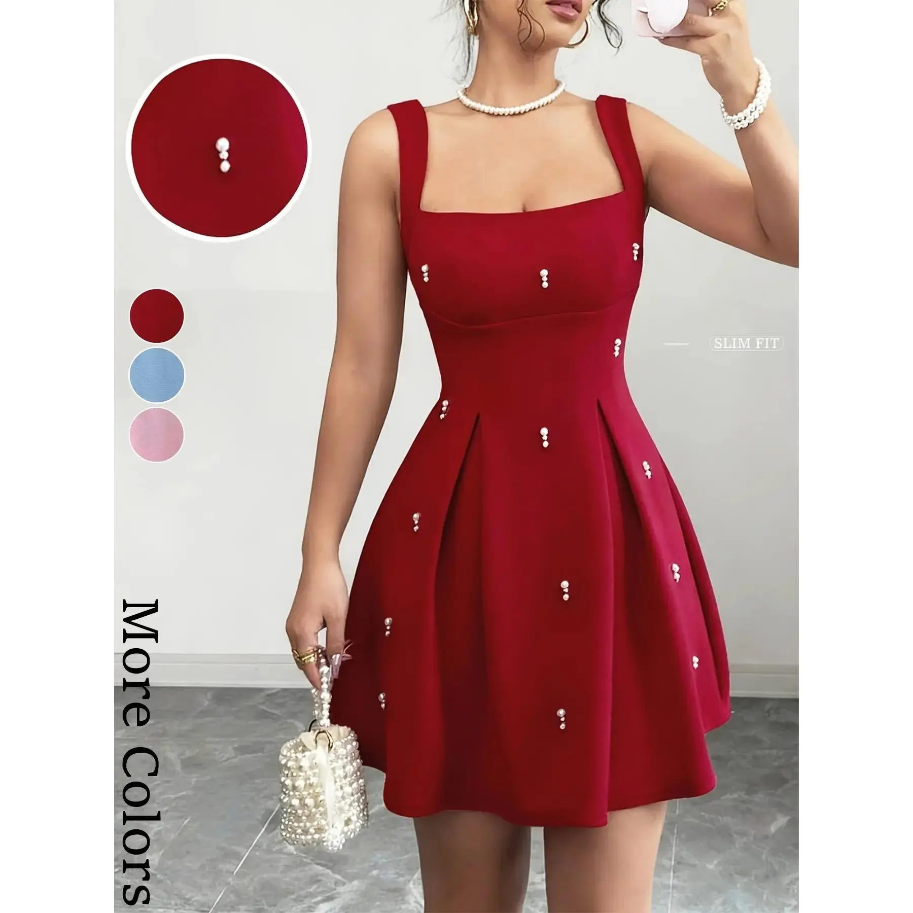 Ladies' pink A-line short skirt, square neckline dress, pure erotic camisole dress, pearl studded diamond, sweet and spicy style, Chic, Small stature makes you look taller, ballet style, suitable for spring, summer, date/party/bridesmaid dress, Womenswear