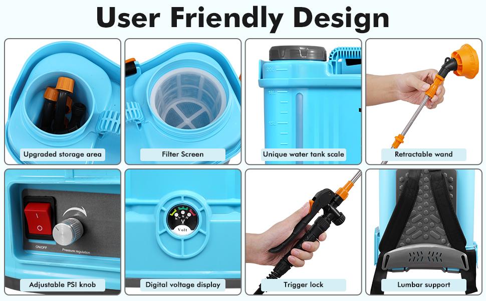 4.2/5.2 Gallon Battery Powered Backpack Sprayer, 100 PSI Electric Graden Sprayer Works with Telescopic Wand and 6 Nozzles, Lightweight Electric Sprayer for Garden Weed, Yard and Lawn Sprayer