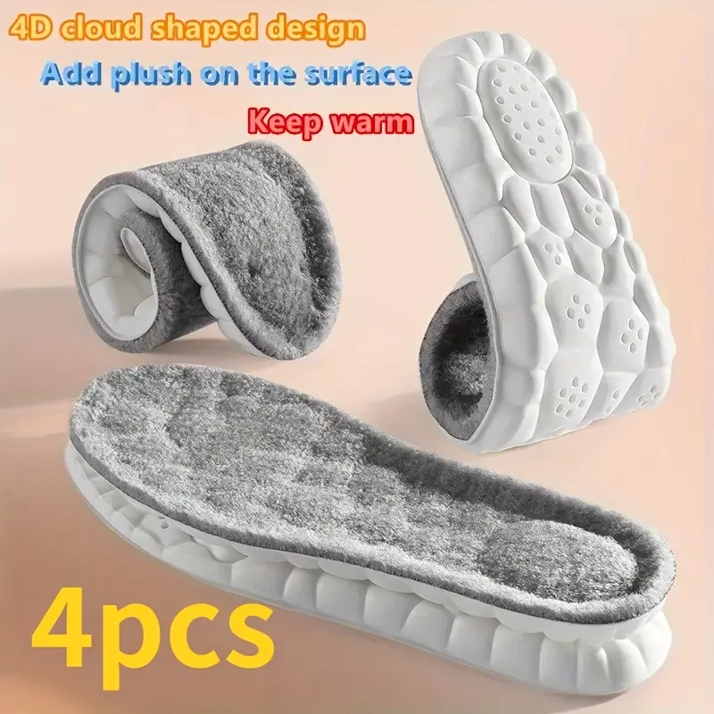 Unisex Thick Plush Sponge Insoles, 4-Pack Soft 4D Cloud-Shape Thermal Foot Cushioning for Winter Boots & Sport Shoes, Grey Sports Shoe Insert for Men/Women