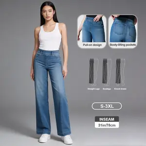Pwest Seamed Front Pull On Wide Leg Jeans – 4 Way Stretch, Booty Lifting Pockets, No Button No Zipper, Flaunt Your Curves in Comfort