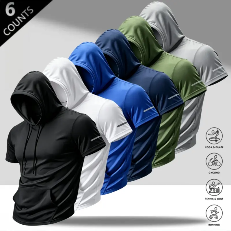 Men’s quick dry short sleeve hoodie — ice silk breathable tee with reflective stripes, kangaroo pocket, drawstring hood; American minimalist gym top for running, cycling, tennis, golf, yoga, and daily commuting