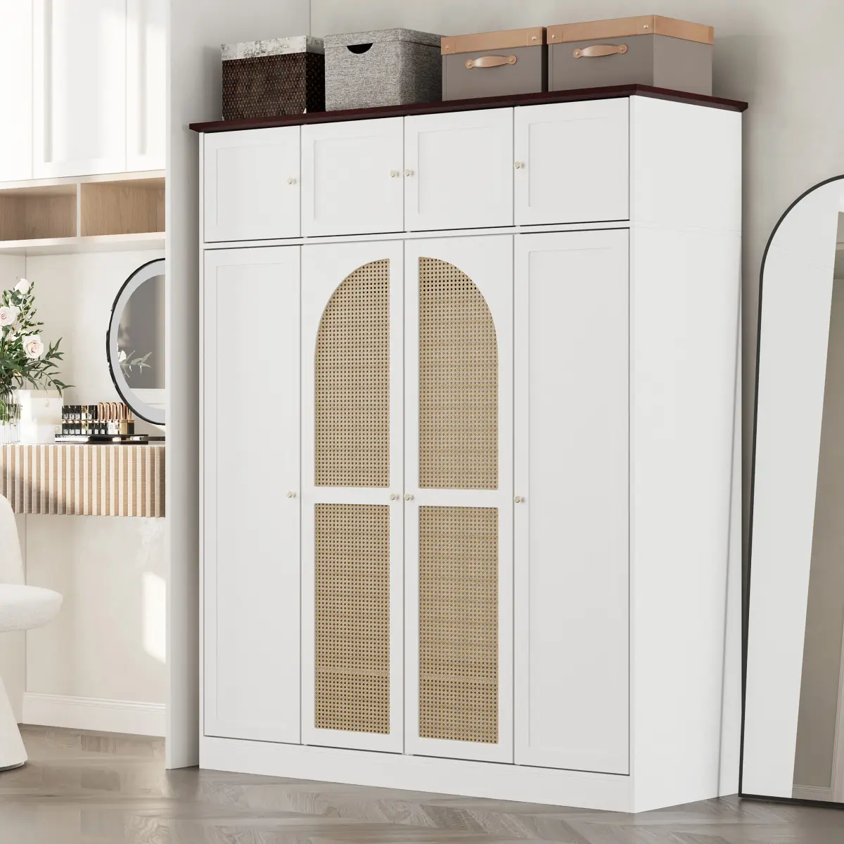 ATUMCTO Modern Natural Rattan Cane Wardrobe Closet - 70.87in Tall Indoor Bedroom Sturdy Storage Cabinet with 8 Rattan Doors, Adjustable Hanging Rod, Shelves, Durable MDF Frame, Large Space, 66 lbs (Above 25 kg), Assembly Required