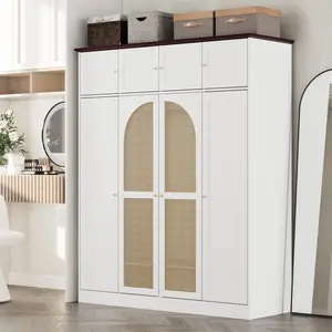 70.87"Tall Rattan Wardrobe Closet with Hanging Rod & Shelves, 8-Door Large Storage Cabinet for Bedroom