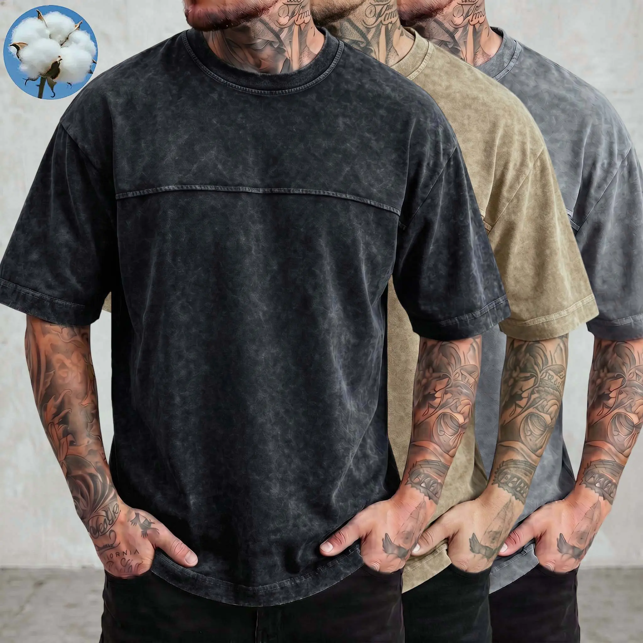 Men's 100% Cotton Washed Short-Sleeve T-Shirt, Solid-Color Loose Crewneck Round Neck Top, Menswear for Everyday Wear & Commuting, Men's T Shirts, Crew Neck