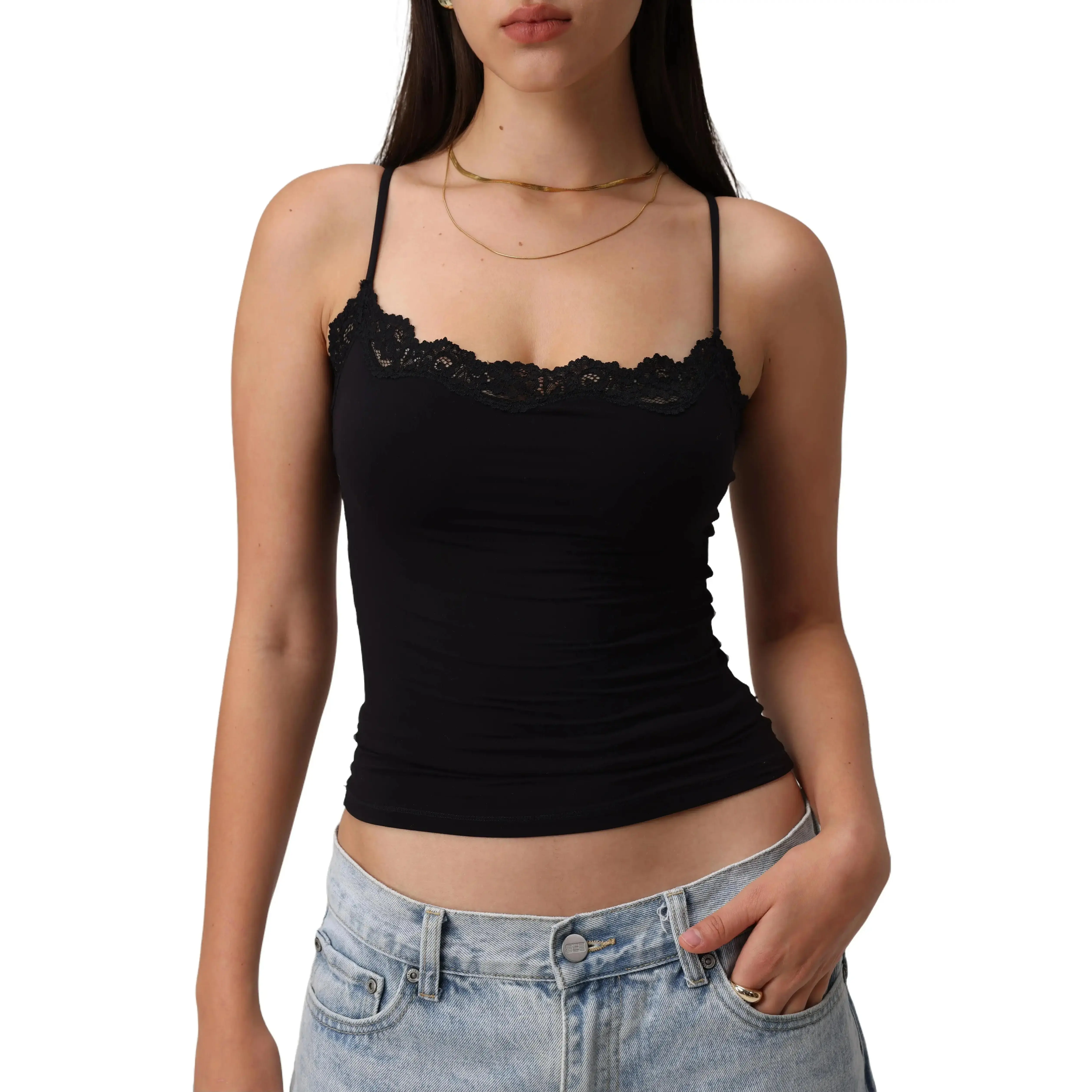 Lace-Trim Cami Top Cropped Spaghetti Strap Tank for Going Out - Feminine Black Lace Camisole, Double-Lined, Slim Fit, Summer Casual to Evening, Pair with Denim or Skirt, Sizes XS-XL