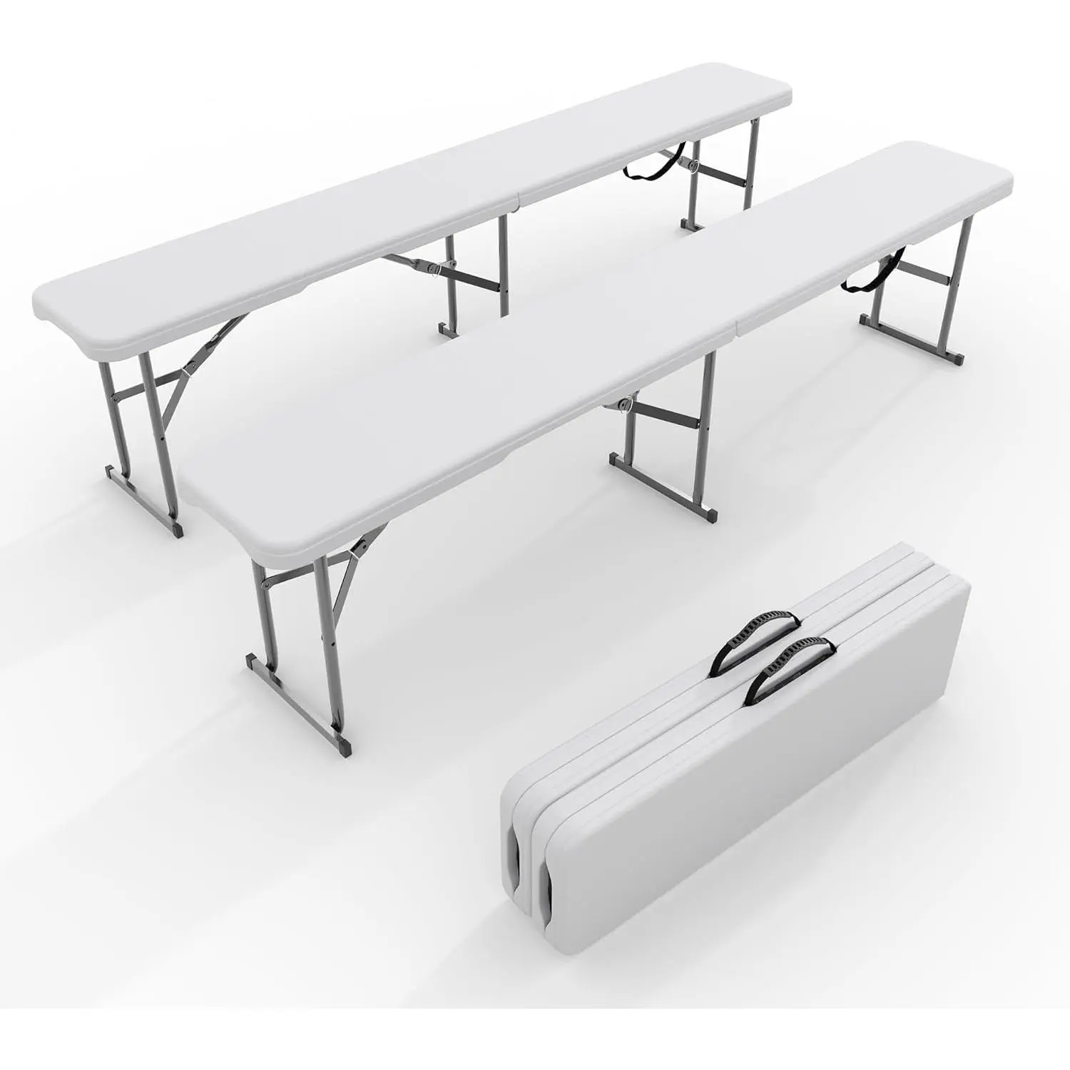 6ft (1.8m) Folding Bench, Set of 2 Plastic Foldable Benches with Carry Handle & Smooth HDPE Top, Indoor & Outdoor Use for Picnics, Parties, Camping & Dinners, White