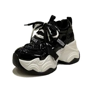 PU Leather High Heel Woman Casual Shoes 2026 Black/red/white Chunky High Heel Sneakers