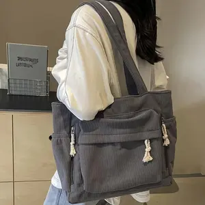 Travel Master Corduroy Shoulder Bag, Casual, Solid Color, Multi-Pocket, Tote Bag for Women