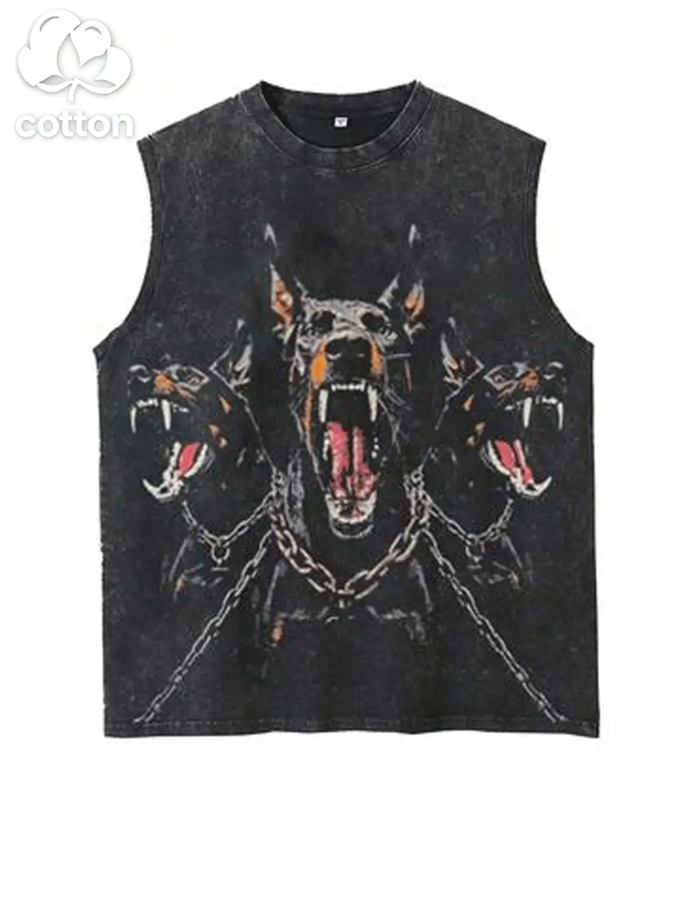 Men's Vintage Cerberus Graphic Print Tank, Streetwear Casual Cutoff Crew Neck Muscle Vest, Retro Dark Mythology Punk Aesthetic Themed, Washed Cotton Fabric, Versatile Daily & Gym Sleeveless Top