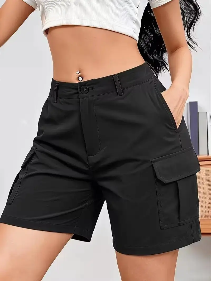 Women's Stunning Cargo Shorts, Y2K Style, Button Waist and Large Pockets Design, Multiple Colors Available, Suitable for Everyday Casual Wear in Summer, tailored comfort, easy movement, modern proportion