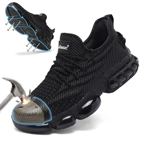 ARISIC Men's Steel Toe Lightweight Work & Safety Shoes - Non Slip Work Shoes, Puncture Res., Abrasion Resistant, Heavy Protection, Anti-Slip Outsoles, All Seasons Black Industrial Footwear for Construction Workers
