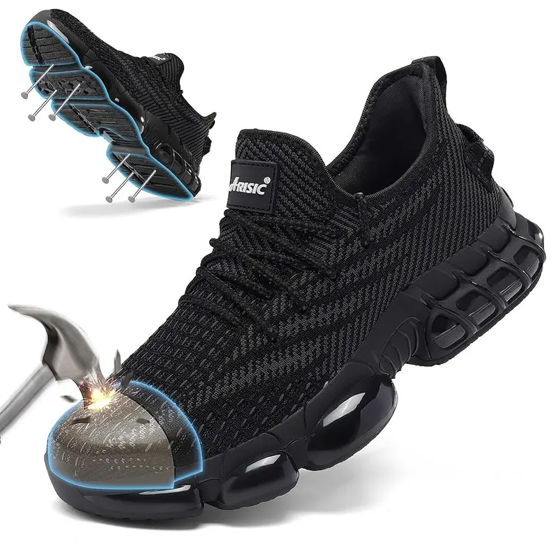 ARISIC Men's Steel Toe Lightweight Work & Safety Shoes - Non Slip Work Shoes, Puncture Res., Abrasion Resistant, Heavy Protection, Anti-Slip Outsoles, All Seasons Black Industrial Footwear for Construction Workers