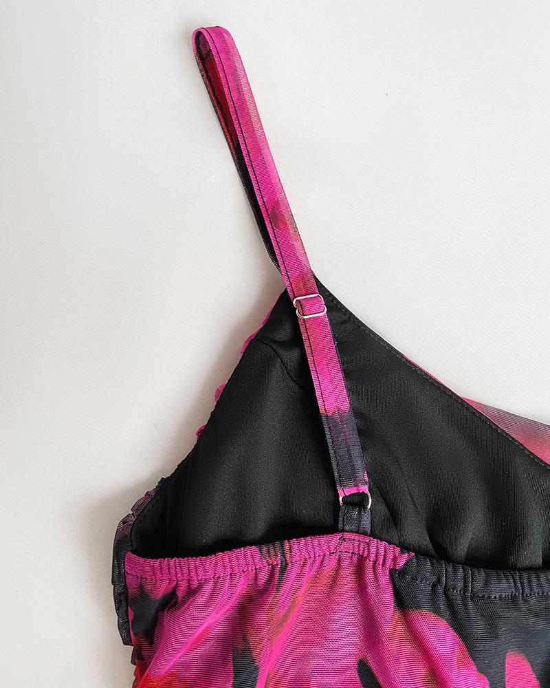 ChicMe Women's Vintage Oil Painting Floral Print Cowl Neck Adjustable Spaghetti Straps A Line Mesh Dress Elegant Cinched Waist Ruched Zipper Back Party Dress