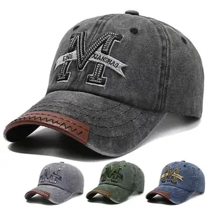 Cap Men's Ladies Outdoor Visor Washed Denim Distressed Letter M Embroidered Baseball Cap