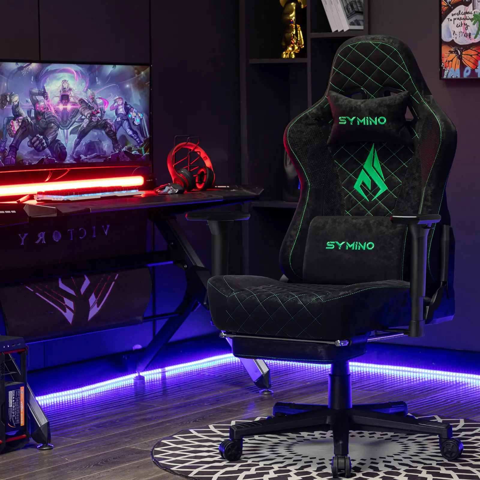 Symino Adjustable Rolling Gaming Chair - Alcantara & PU Leather, Ergonomic Design with Swivel Function, Footrest, and Armrest for Video Computer Use, Gas Lift