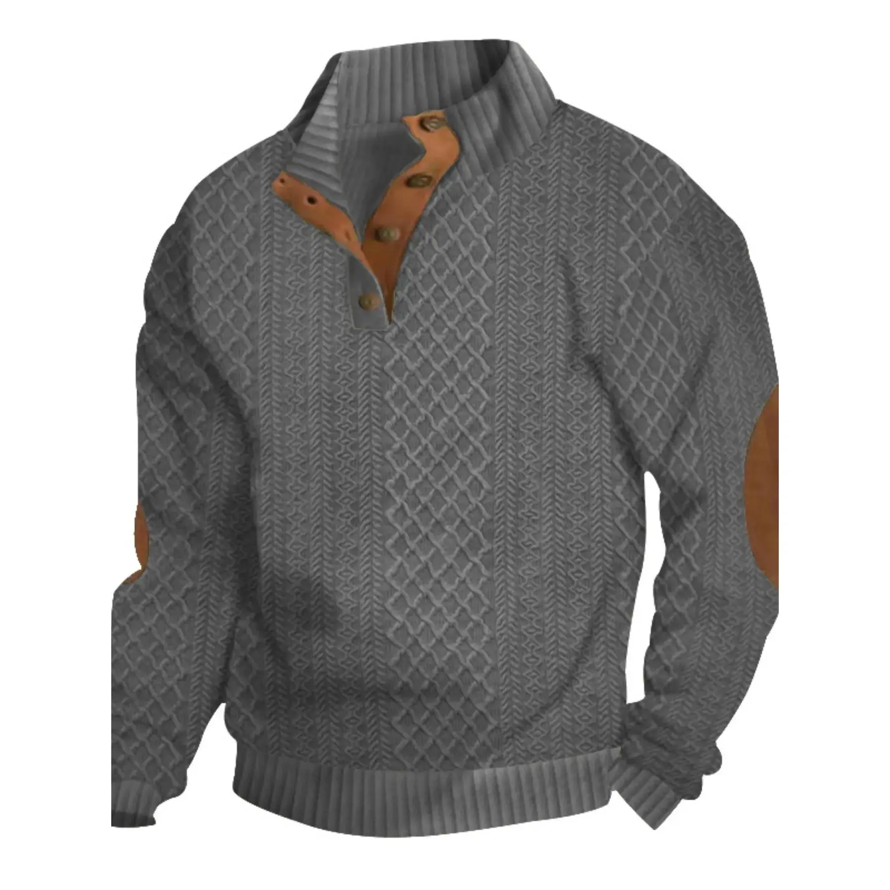 Men's Retro Heavy-Duty Fabric Knit Pullover - Distinctive Jacquard Texture Mock Neck Henley Top, Versatile Combination Casual Autumn Outerwear Sweatshirt, Knitwear 1