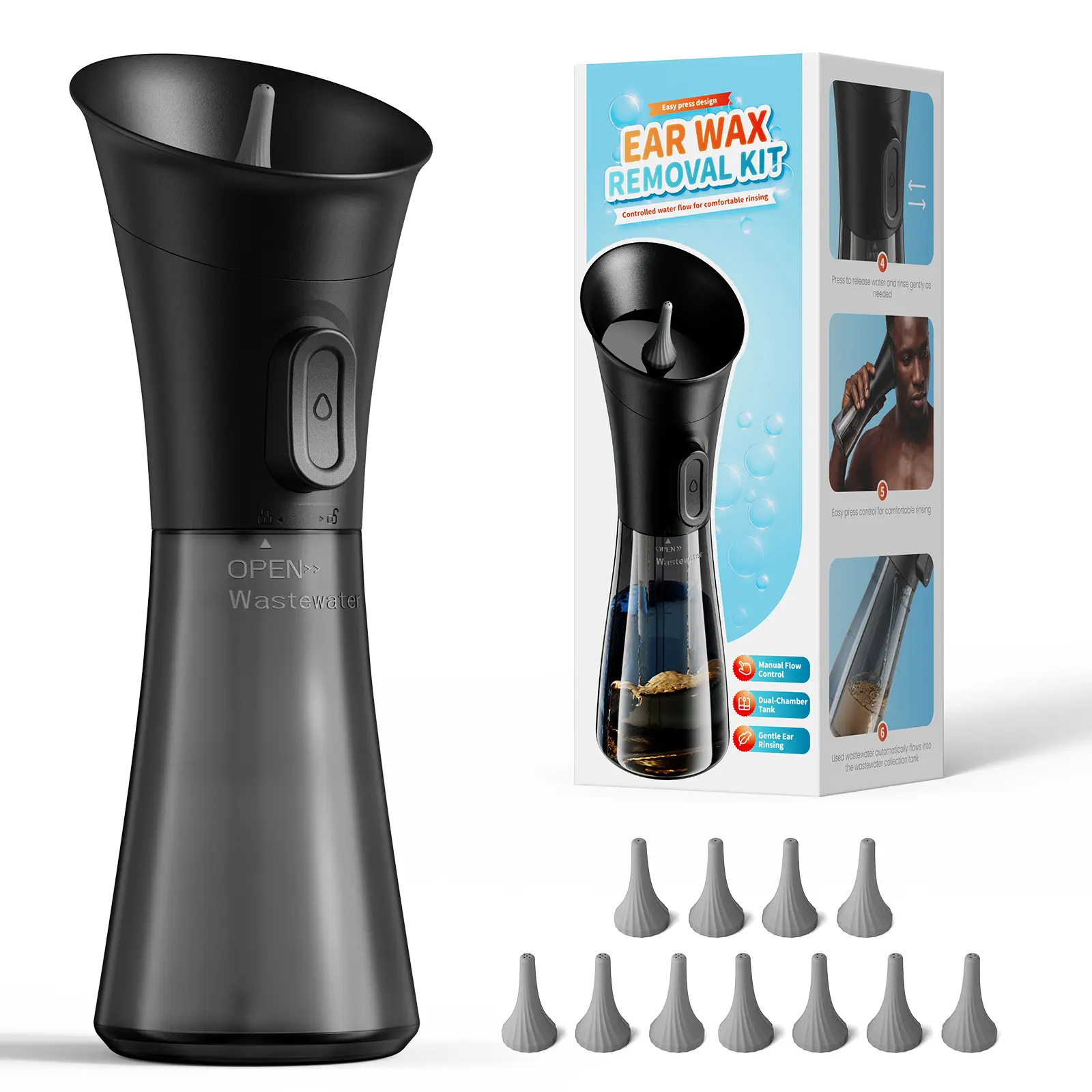 One-handed earwax removal set, manual ear cleaner with water, featuring a 2-in-1 drainage tank and 3 nozzle attachments, safe ear irrigation system for adults and children
