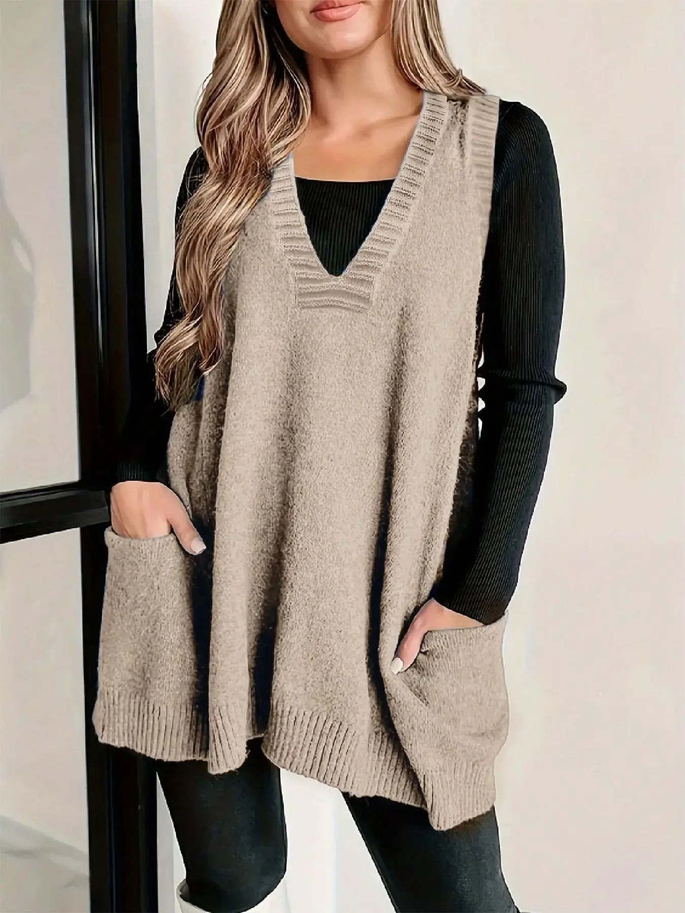Plus Size Solid Color V Neck Loose Sweater Vest, Casual Basic Minimalist Sleeveless Knit Top for Daily Wear, Women's Plus Clothing Fit for All Seasons, Womenswear, Plain Sweater Vest