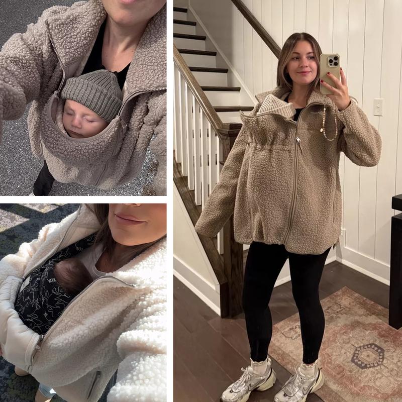 Pwest MAMA Women Before & After Babywearing Fleece Jacket Soft Teddy Fleece, Long sleeve Zippered Jacket with Pocket, Detachable Babywearing Panel, Winter Warmth, 2 in 1 Design Gray BlackFriday