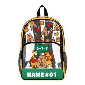 Kids Personalised Clear Backpack with Custom Name, Cute Kapibara 6+7 Print Transparent PVC School Bag, Lightweight Bookbag for Nursery Preschool Primary, Back to School Essentials with Zipped Pocket and Side Mesh Holders