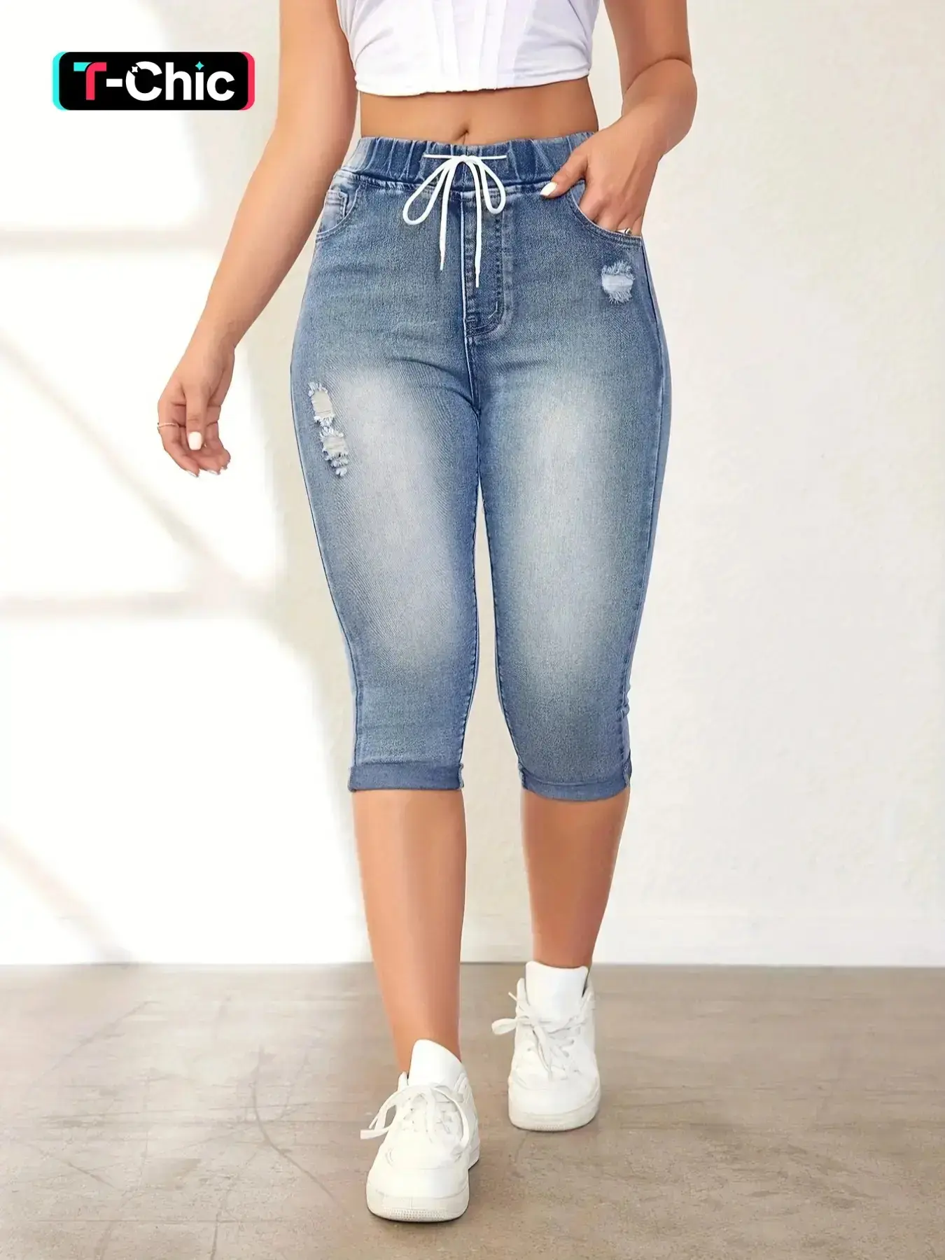 Women's Solid Basic Adjustable Drawstring Elastic Waist High Waisted Ripped Capris Jeans, High Quality Jeans, Casual Light Wash Faded High Waist Denim Fit Skinny Cropped Pants for Daily Wear, Ladies Bottoms Womenswear for All Seasons