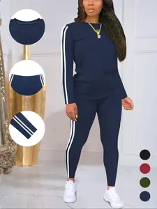 Women's summer round neck long sleeve trousers suit leisure sports home, classic solid color spring style. Sleeves and pants side stripes personality casual style