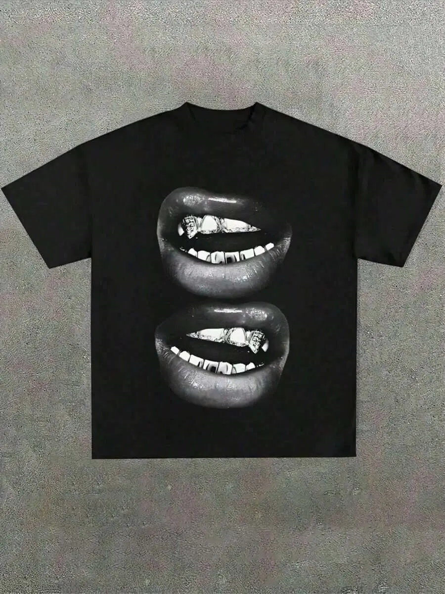 T Shirt Men Grill Lips Funny Graphic Tee Shirt, Casual Soft, Pure Cotton 220gsm Pattern Printed T-Shirt Unisex T-Shirts For Summer Outings Men Clothing