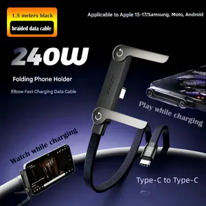 240W Fast Charging Foldable Phone Holder Data Cable Fast Charging Cable Phone Tablet Foldable Holder 4 in 1 for Type C Lightning USB,Combined Charging and Stand,Compatible with Apple 15 17Pro Max/Apple8 14/Samsung/Huawei/Xiaomi,Office Use and in the Car