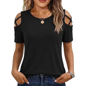 Women's Short Sleeve Cold Shoudler Tops T-Shirts for Women Spring Summer Tops Loose Fit Tunic 2026 mms Puerto Rico Football Fan Dragonfly Graphic Baby Social Justice Salt Flavor