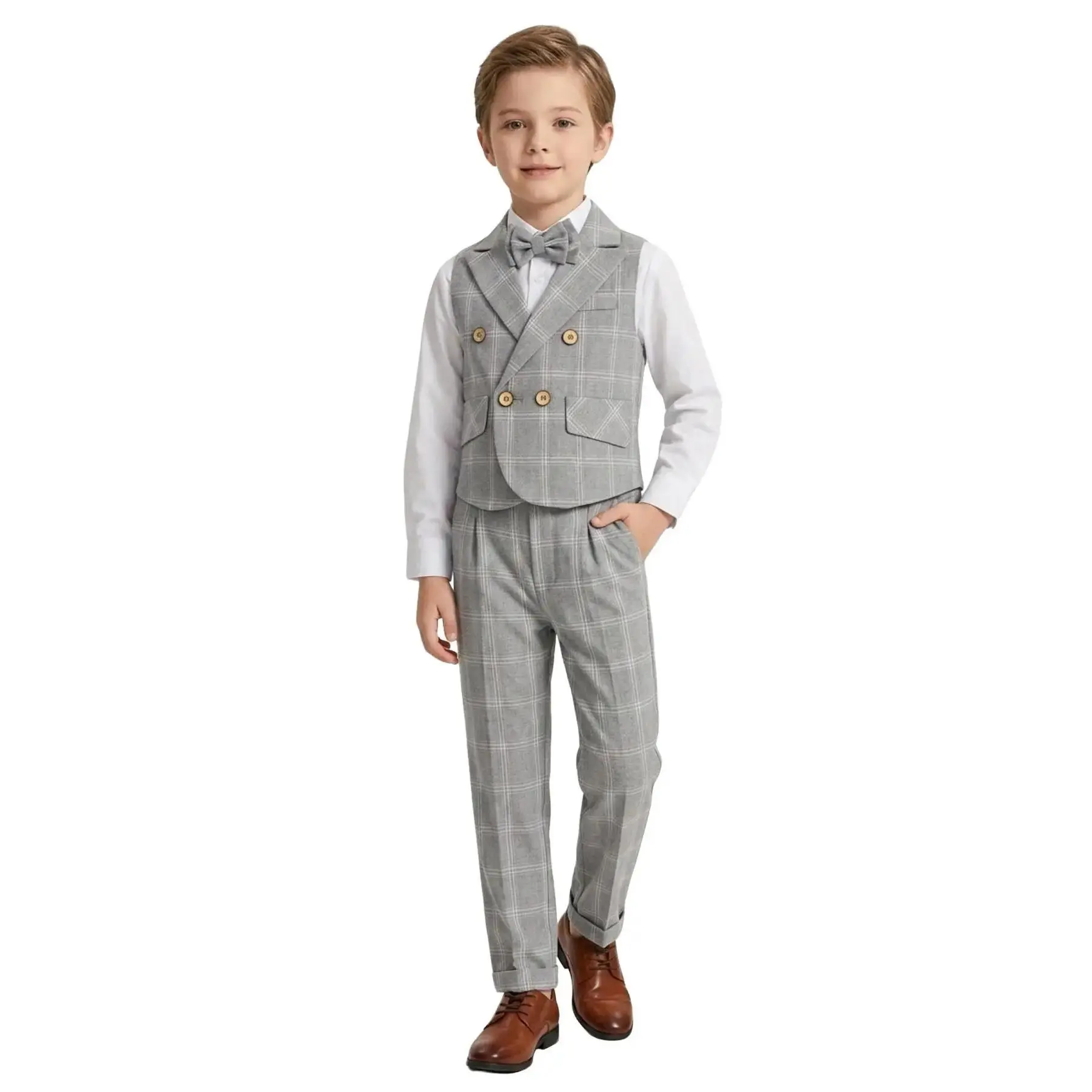 3 Piece Boys Junior Plaid Sleeveless Suit Set(Waistcoat+Vest+Trousers+Pants+Bow Tie)British Retro Gentleman Style Boys Birthday Party Outfit Wedding Pageant Wear Festival Formal Attire Outfits Set For Kids No Shirt Included Clothes Sets