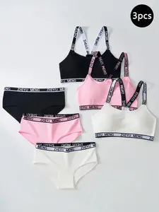 Tween Girls Minimalist Fashion Bra & Panty Set, Wireless Undergarment & Comfortable Briefs 3pcs Combo