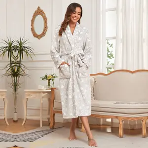 Collared Satin Robe with Belt, Flannel Heart Print Couples Robe with Pockets, Comfortable Homewear