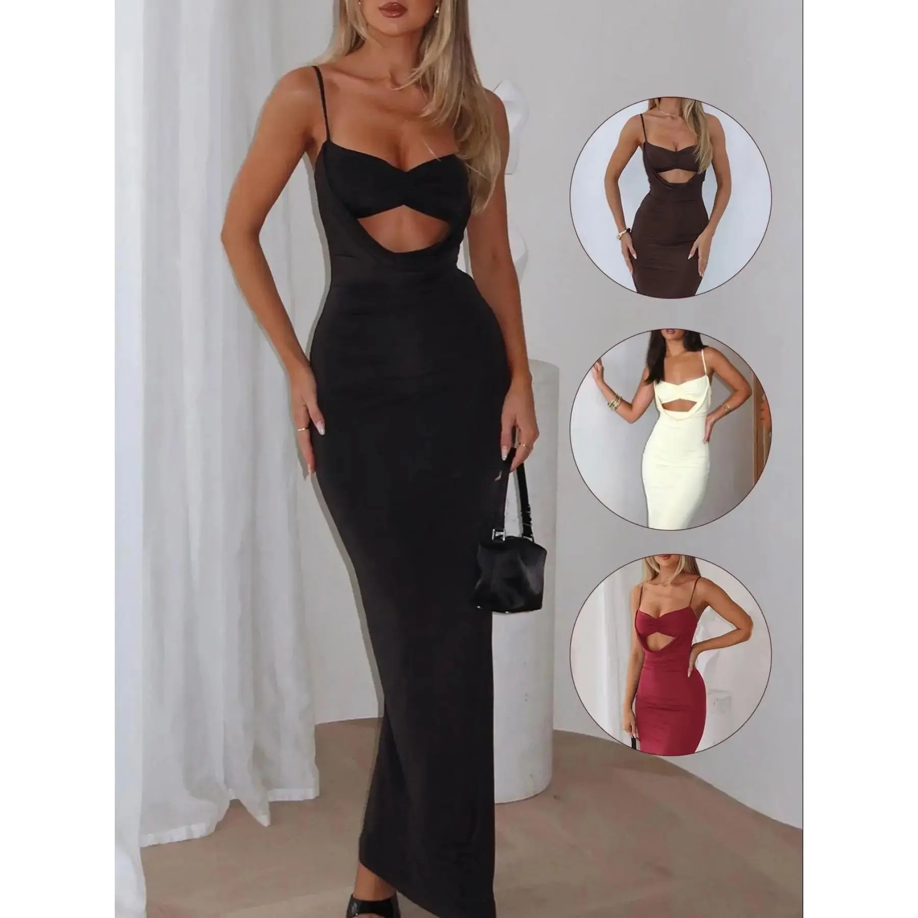 2026 Valentine's Day Women's Low Cut Design Dress, Sexy Long Gown with Adjustable Straps, Ruched Bust Tight Fit, Slim-Fitting Style, Modern Design, Casual Chic, Closet Staple, Everyday Essential, Minimalist Chic