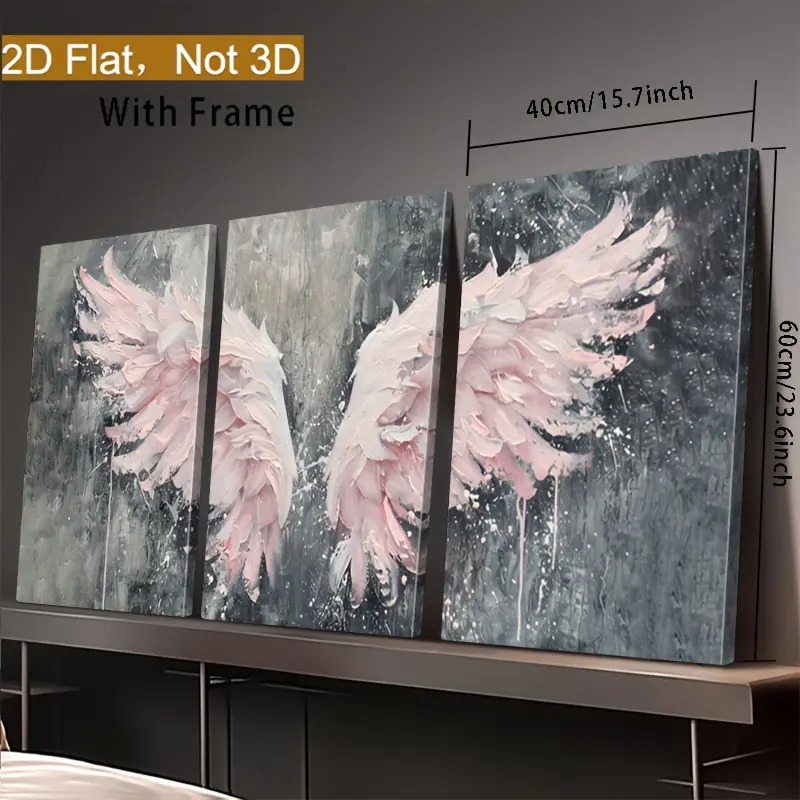 3-Piece Set Artistic Wooden Framed Angel Wings Wall Art - 2D Flat Blush Pink & Grey Abstract Watercolor Canvas Print, 3 Panels Set Package, Aesthetic Above Bed Decor, Easy Wall Upgrade for Living Room, Bedroom