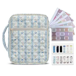 Blue Bows Bible Cover Case Quilted Fabric Large Capacity Scripture Carrier with Handle & Front Zipper Pocket Cute Floral Bible Bag for Women Girls Church Study Essentials Includes Free Bookmarks Durable Protective Book Organizer