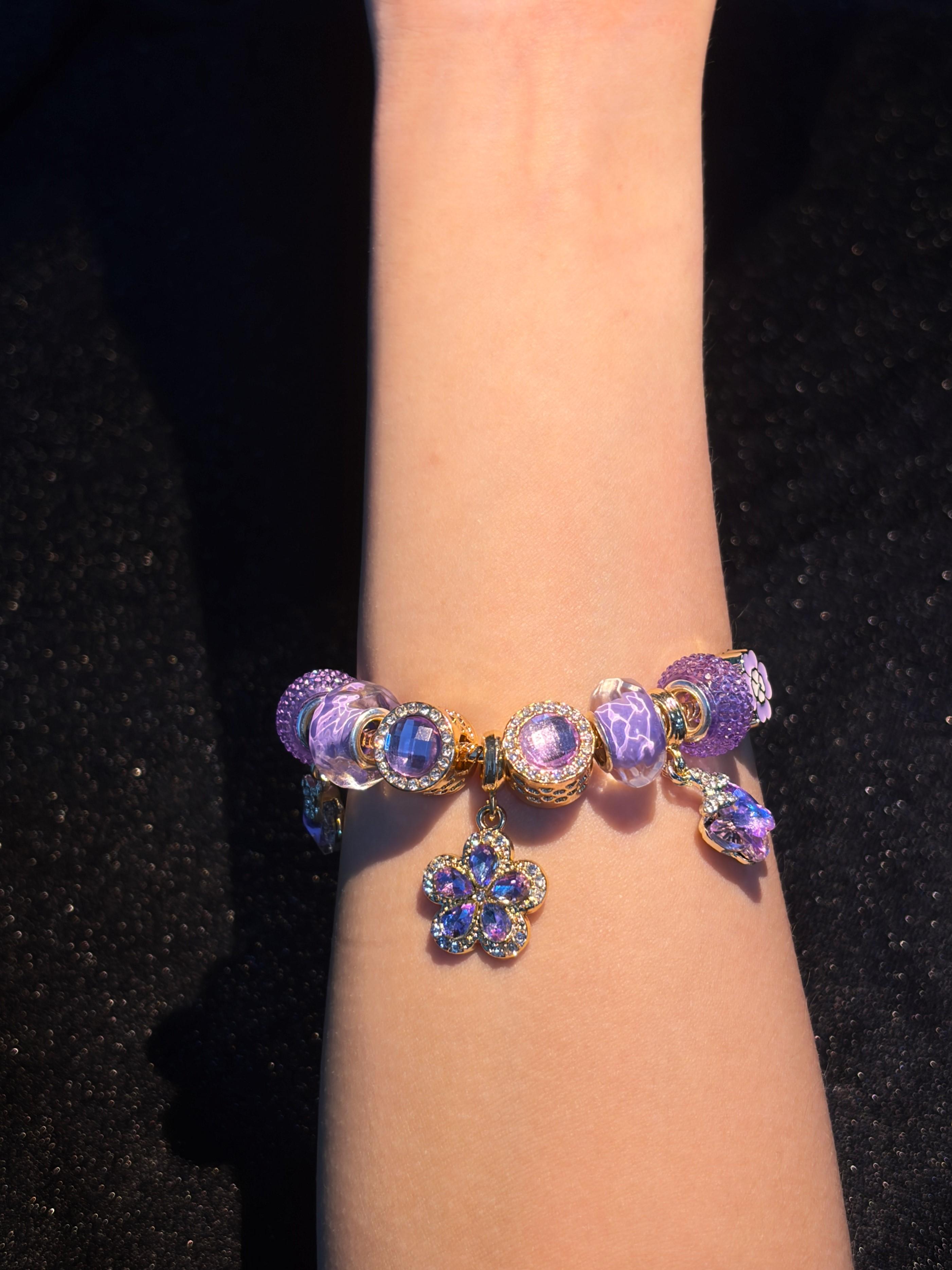 Women's Gold-Tone Adjustable Snake Chain Stackable Charm Bracelet with Sparkly Purple Flower, Butterfly Glass Bead Charms - Trendy Costume Jewelry Gift for Ladies