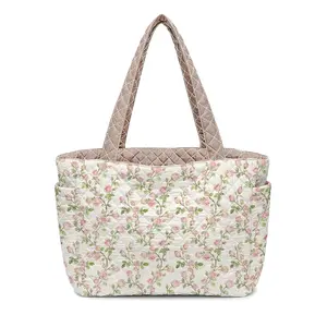 Large Capacity Quilted Tote Bag for Women, Reversible Floral & Khaki Shoulder Bag, Lightweight Everyday Shopper, Aesthetic Work Bag with Side Pockets, Soft Padded Travel Tote for Commuting, Uni & Weekend Trips