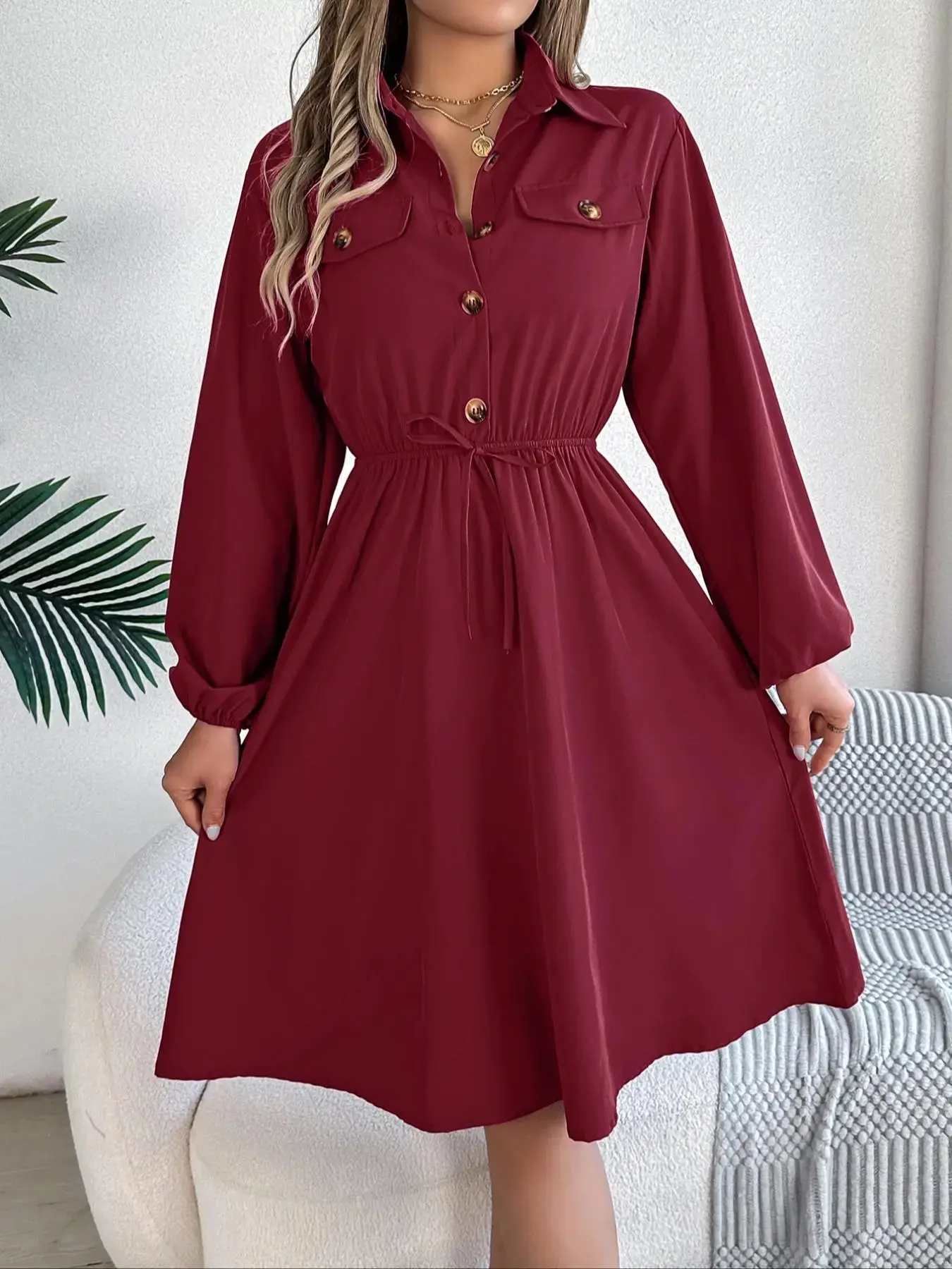 Women's Plain Button Front Drawstring Knot Front Long Sleeve Shirt Dress, Casual Elegant Pocket Bishop Sleeve Collared A Line Dress for Spring & Fall, Ladies Clothes for Daily Wear, Womenswear, Belted Dress
